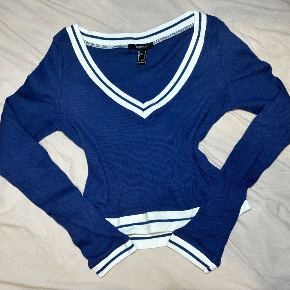 Blue V-Neck Sweater with White Stripes